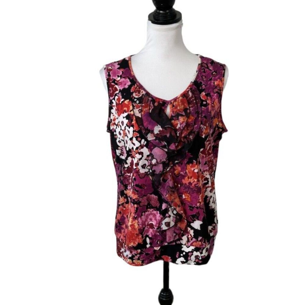Notations Blouse Petite PL Bright Floral Chiffon Ruffled V Neck Sleeveless Top